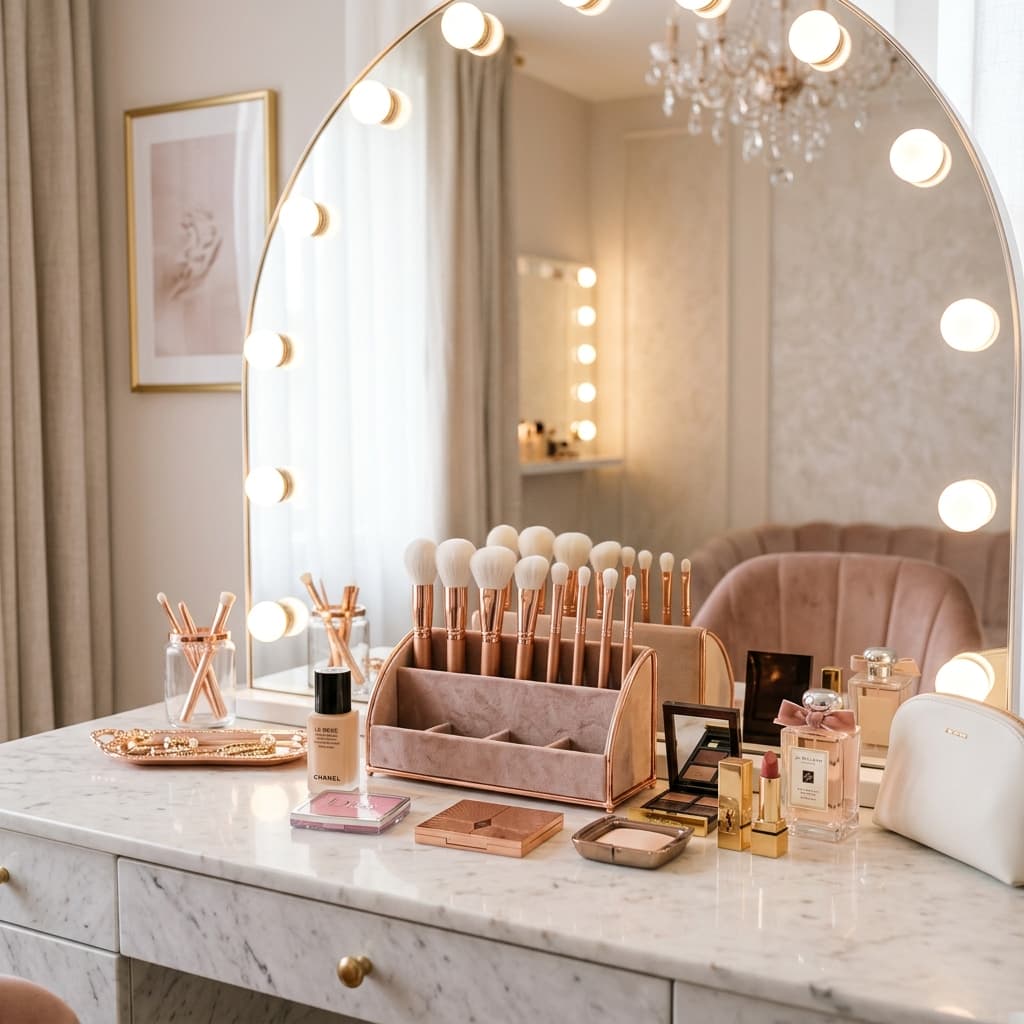 Luxurious makeup setup with rose gold accessories in Gueliz Marrakech